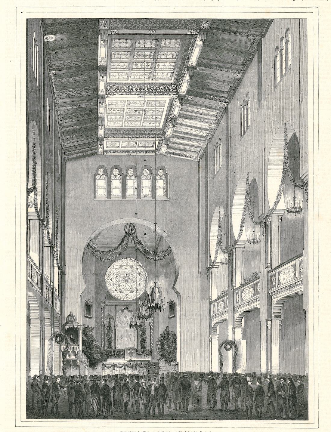 Eröffnung Große Synagoge in Leipzig, Holzstich 1855, aus: Illustrierte Zeitung Leipzig 1855, Privatb