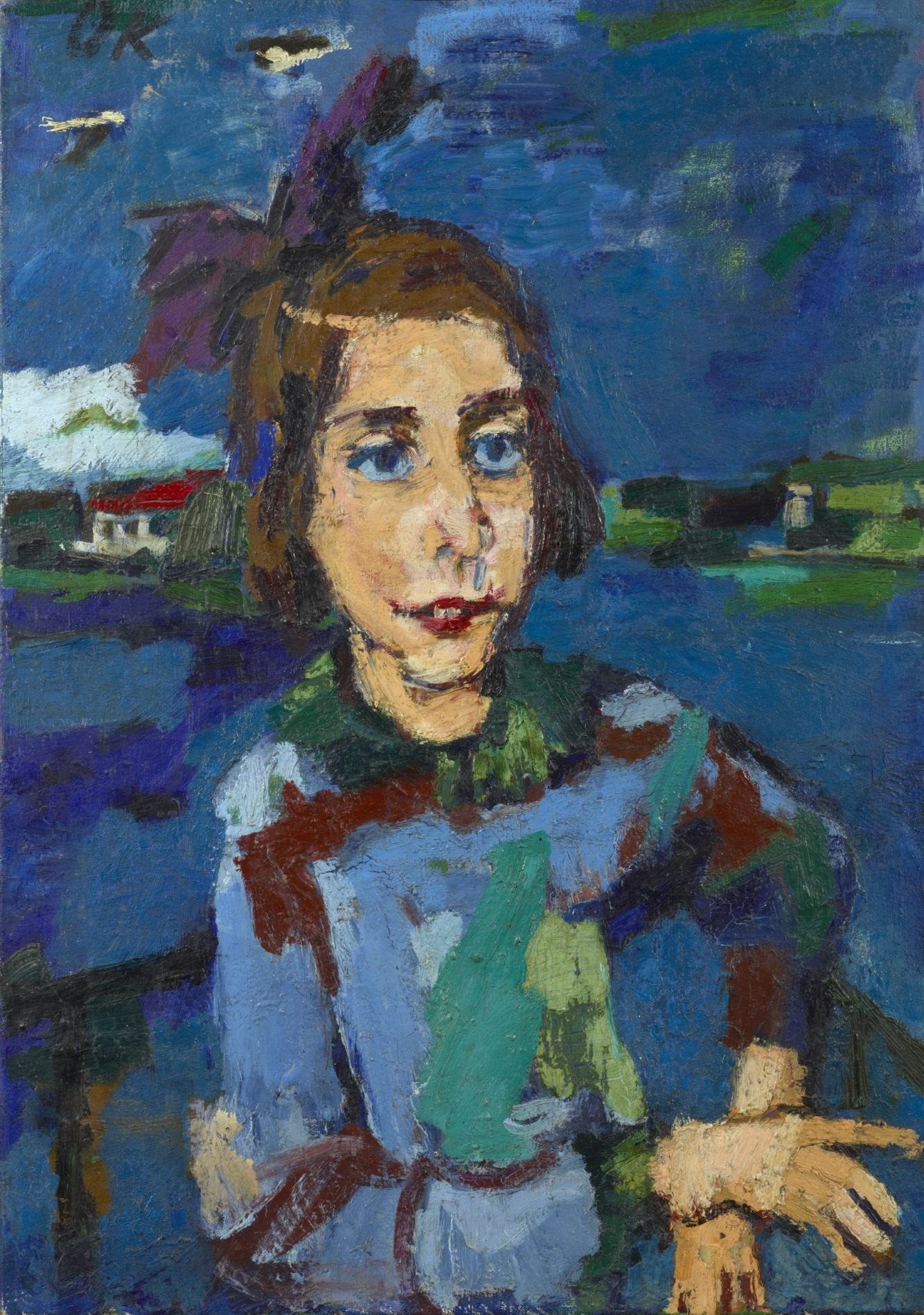 Das Bild zeigt Gitta Wallerstein, eine junge Frau, die ein buntes Kleid trägt. Ihre braunen Haare sind mit einer roten Schleife zusammengebunden.