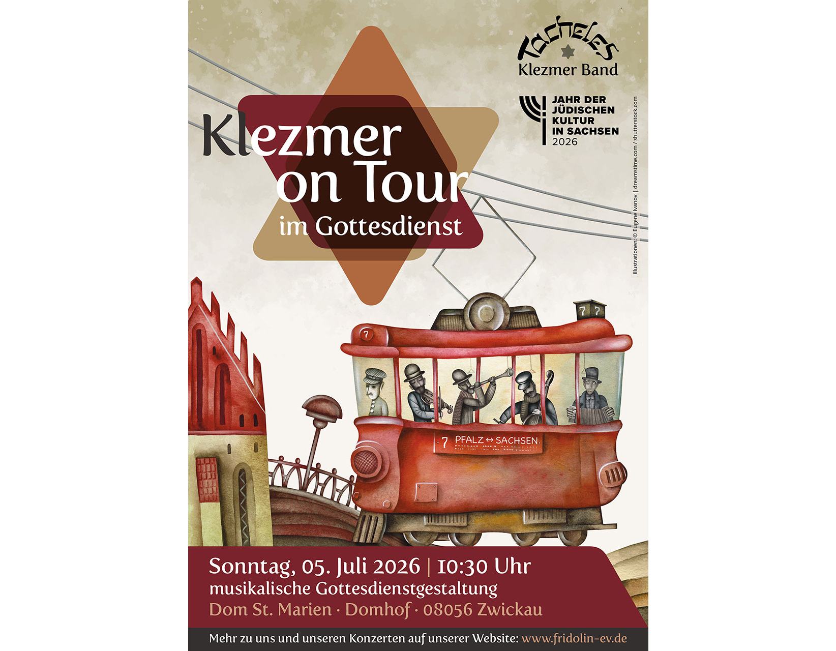 Plakat zur Ankündigung einer Konzertreise zum Themenjahr. In einer gemalten Straßenbahn stehen drei Musiker und spielen.