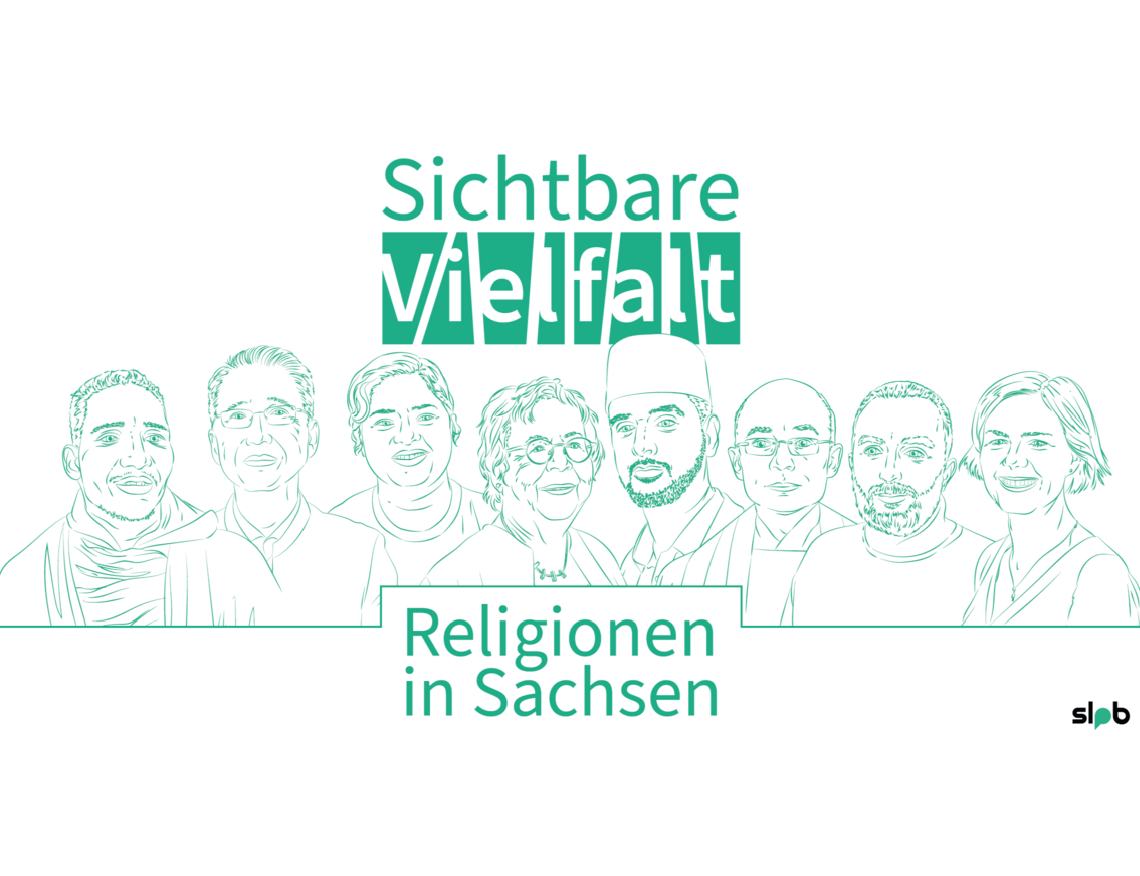 Das Logo zeigt acht Vertreterinnen und Vertreter der behandelten Religionsgemeinden. Sie sind in grüner Farbe abstrahiert im Comic-Stil gezeichnet.